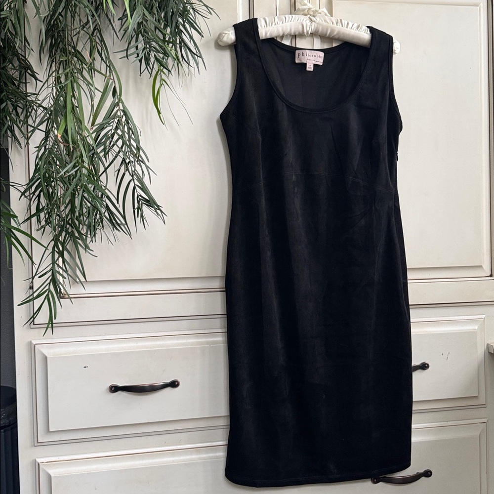 Philosophy Classic Black Midi Dress size 8 Faux Leather Suede